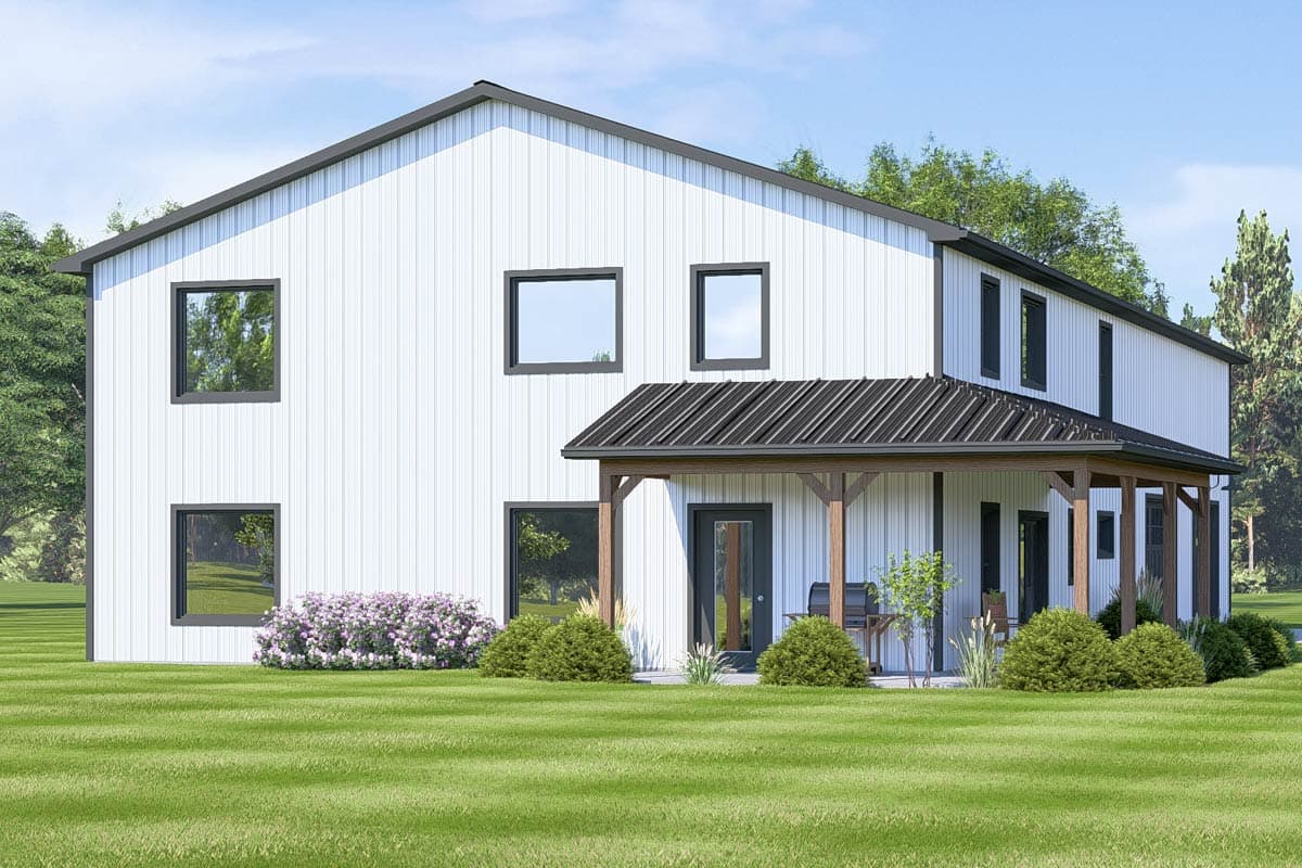 Plan 135083GRA: Rectangular Barndominium with L-Shaped Porch and Drive-Through Garage - Image #5 - Barndominium, Country
