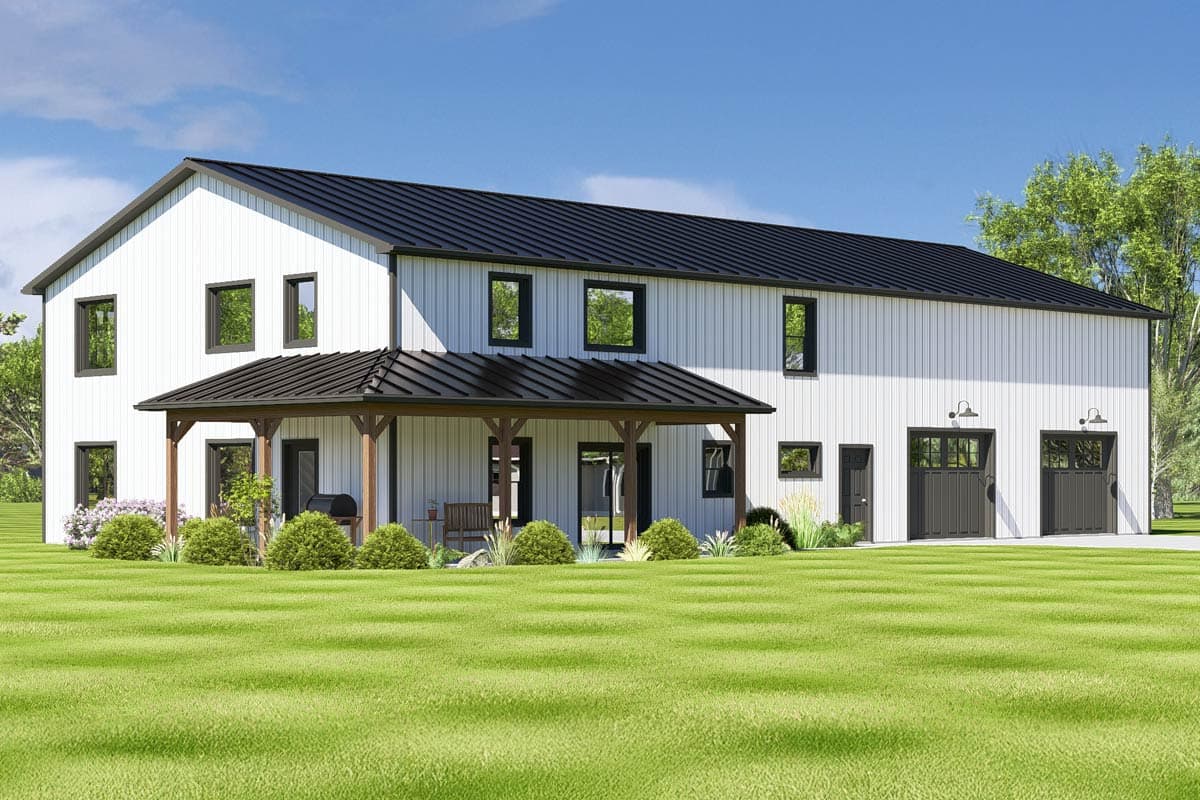 House plan exterior of a two-story Modern Farmhouse with white vertical siding, black metal roof, covered porch, and two garage bays.