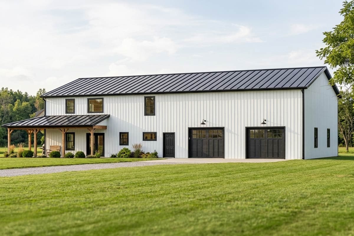 House plan exterior. Two-story Modern Farmhouse with a gabled roof, covered porch, and attached garage. Includes vertical siding and dark trim.