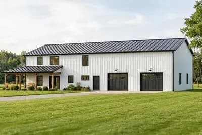 Rectangular Barndominium with L-Shaped Porch and Drive-Through Garage