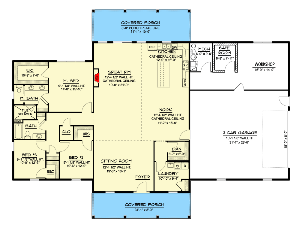Plan 135084GRA: 3-Bed Modern Farmhouse Plan with Open Living Space and Workshop - 2454 Sq Ft - Floor Plan - Main Level - Country, Farmhouse, Modern Farmhouse, New American, Ranch