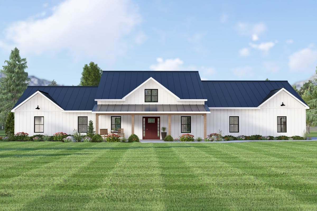 House plan exterior featuring a farmhouse style, single story, a covered porch with posts, and a gable roof with dormers.