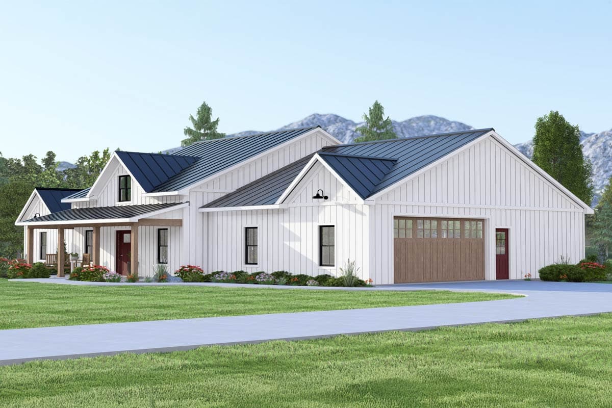 Modern Farmhouse house plan exterior with a covered front porch, gables, board and batten siding, and an attached garage.