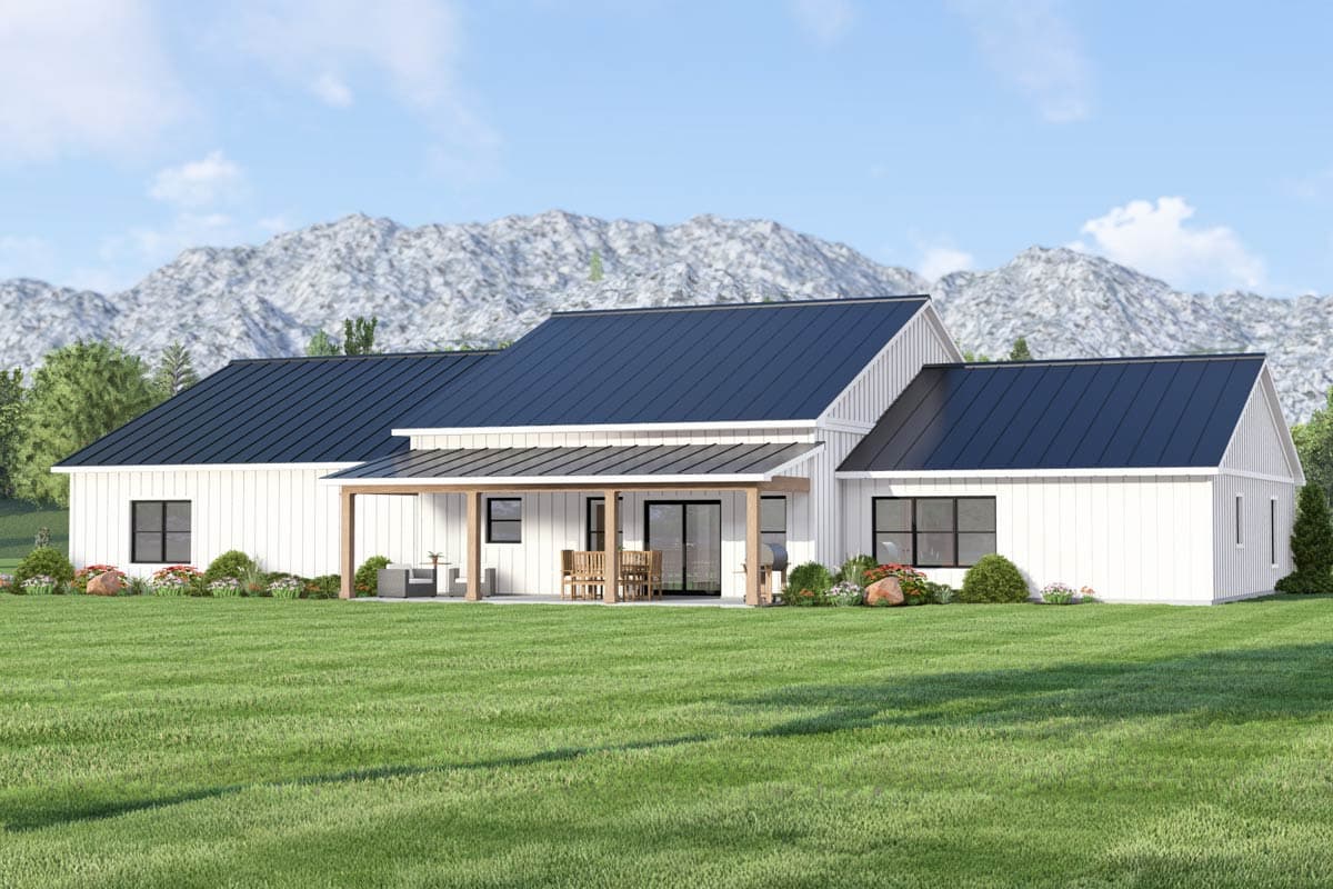 House plan exterior of a modern farmhouse with white vertical siding, dark metal roof, and covered patio with wood beams.