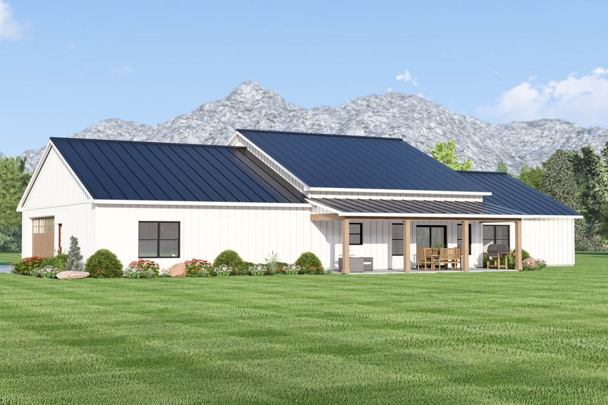 House plan exterior: Modern Farmhouse style, one story, white board-and-batten siding, dark metal roof, covered porch with seating.