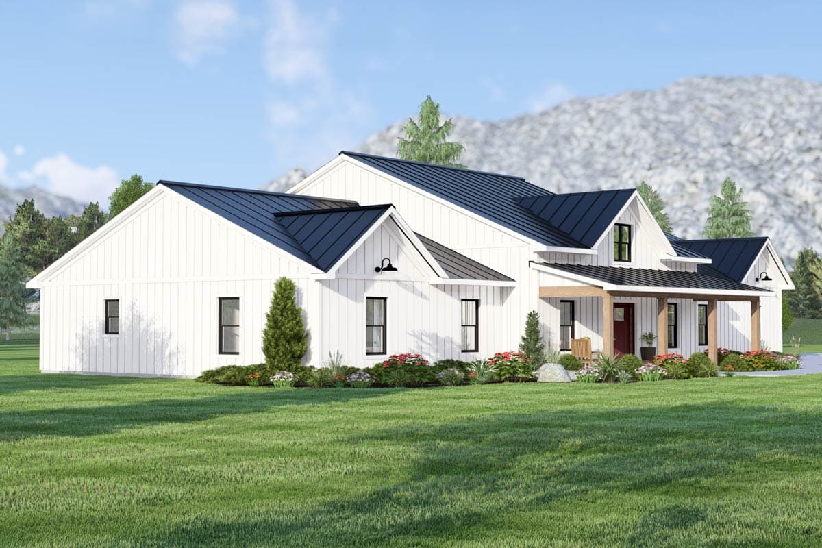 Modern farmhouse house plan exterior with white board and batten siding, dark metal roof, and covered porch with wood beams.