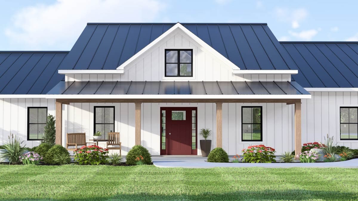 Modern Farmhouse house plan exterior with a covered front porch, dark metal roof, board and batten siding, and gabled dormer.