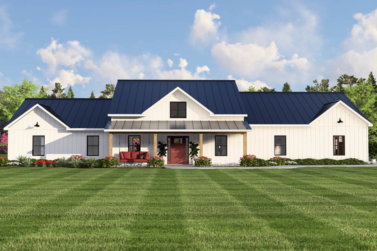 Modern Farmhouse house plan exterior with white board-and-batten siding, a deep blue metal roof, and a covered front porch with timber posts.