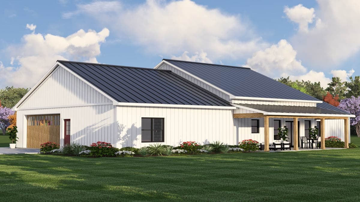 Modern Farmhouse house plan exterior with white vertical siding, metal roof, attached garage, and covered porch with wood posts.