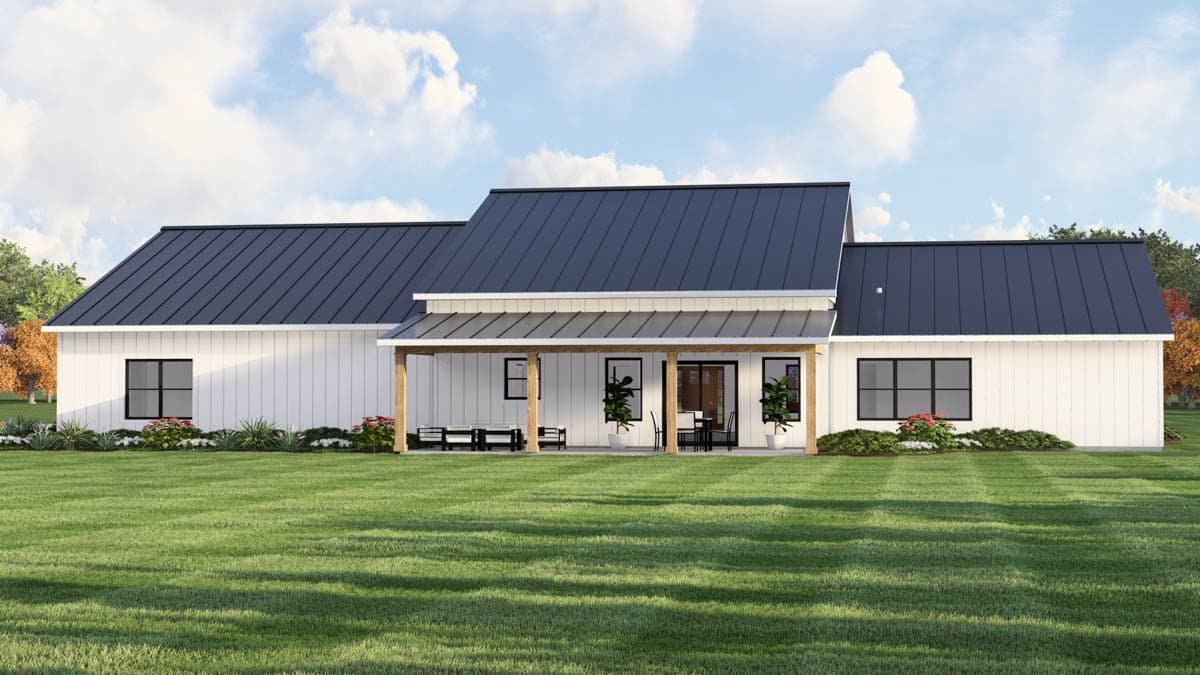 House plan exterior: Modern Farmhouse style, one story, white board and batten siding, dark metal roof, covered porch with wood posts.