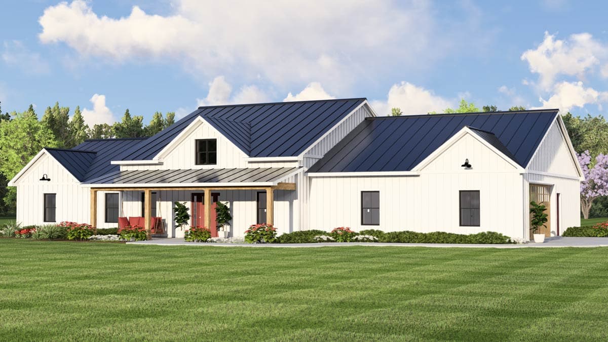 Modern farmhouse house plan exterior with white board and batten siding, dark metal roof, covered porch with wooden beams, and attached garage.