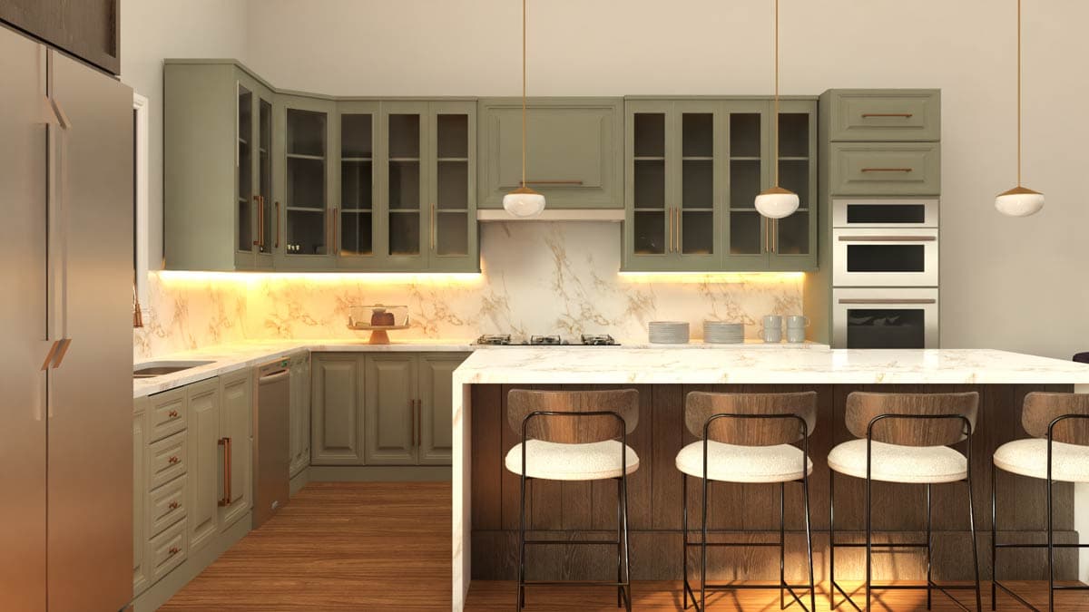 Kitchen with sage green cabinetry, marble backsplash, large island with seating, and double wall ovens.