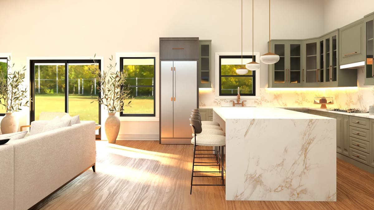 Open concept interior rendering showing a kitchen with large island and seating, stainless steel refrigerator, and living area with sofa.