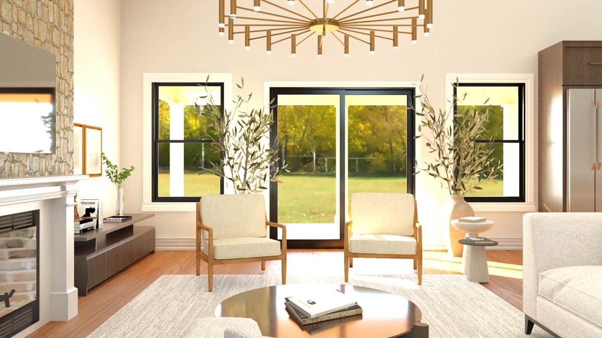 Living room with stone fireplace, large windows, sliding glass doors, and modern chandelier.
