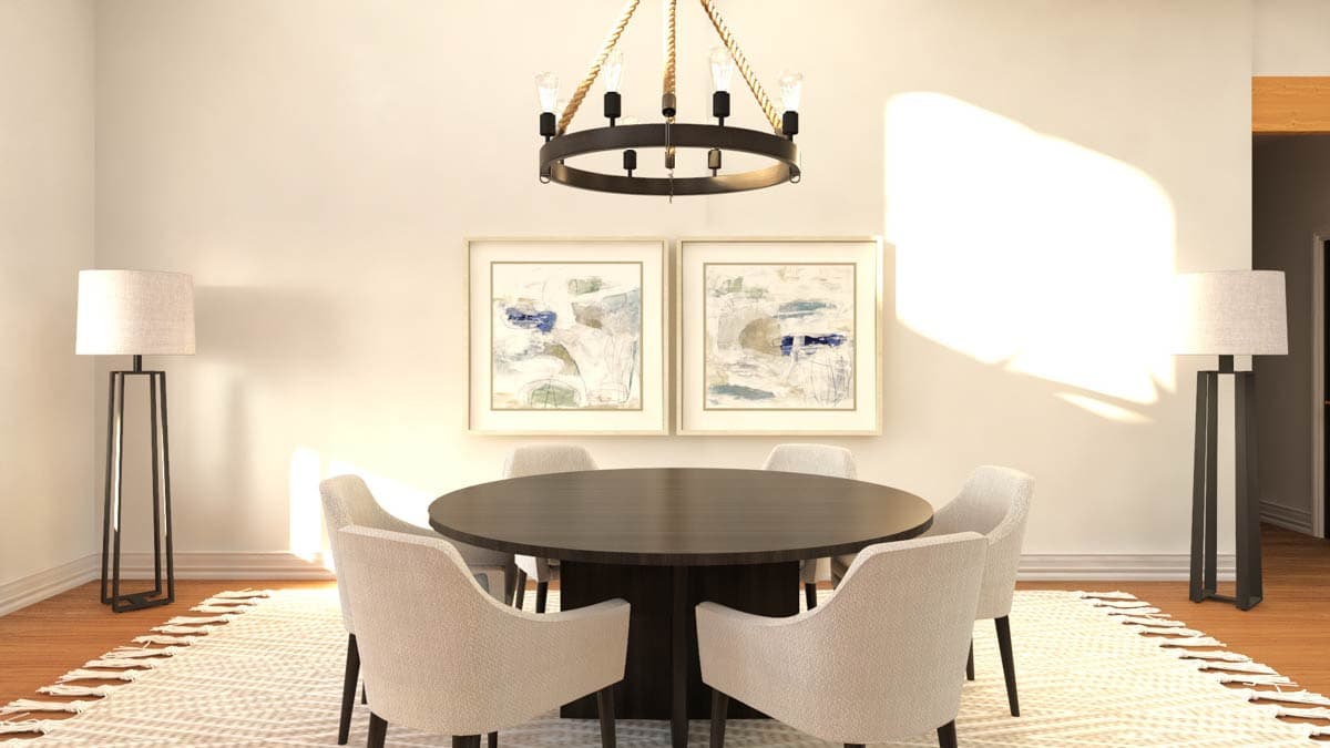 Dining room with round table, upholstered chairs, twin floor lamps, rustic chandelier, and abstract art.