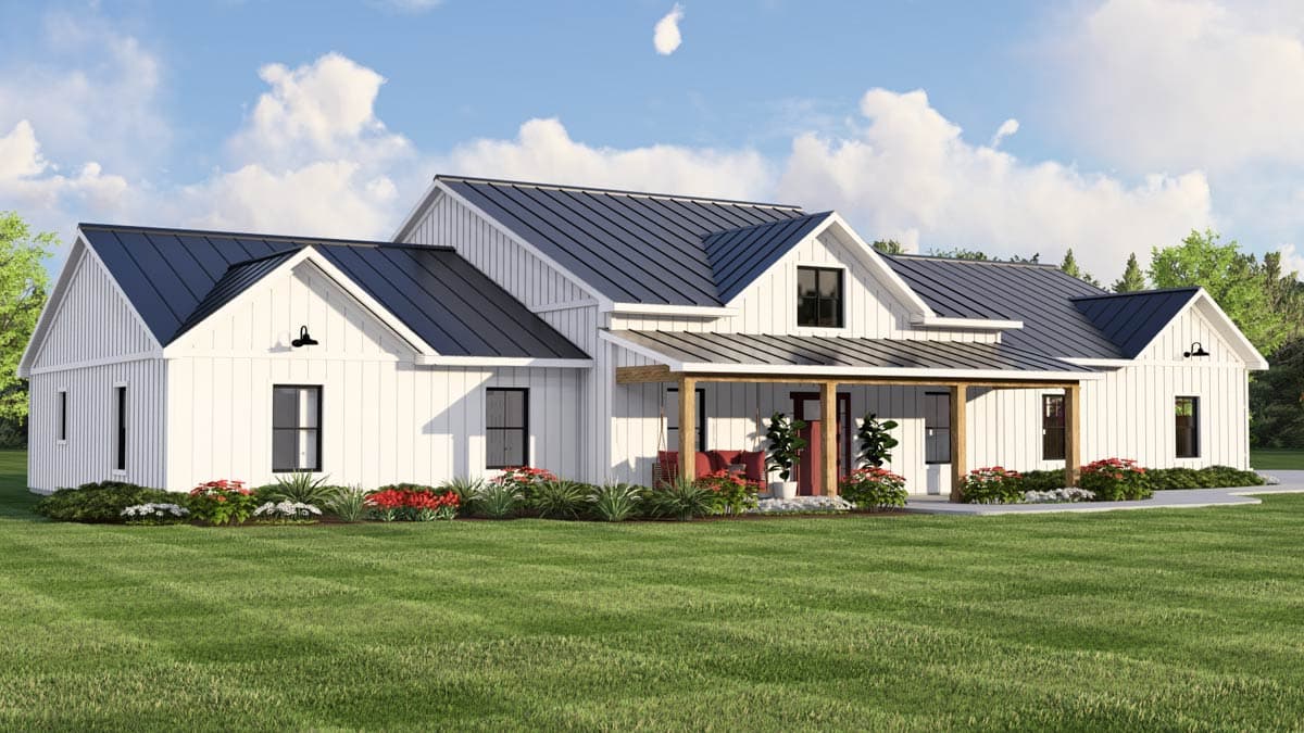 Modern Farmhouse house plan exterior with white board and batten siding, dark metal roof, and covered porch with timber posts.
