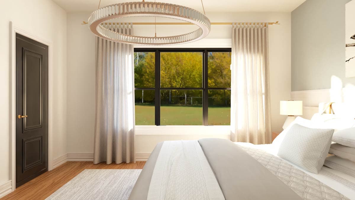 Bedroom rendering with dark paneled door, large window with autumn trees view, and modern circular chandelier.