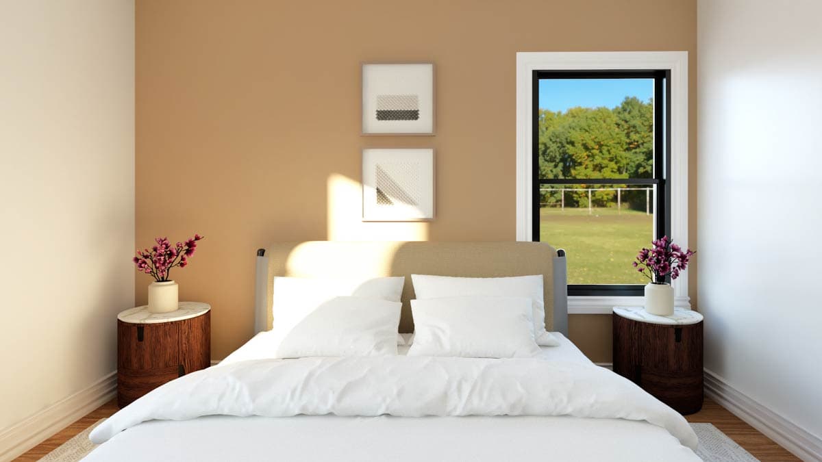 Bedroom rendering with king bed, two nightstands with vases, and a window with a view of trees and a field.