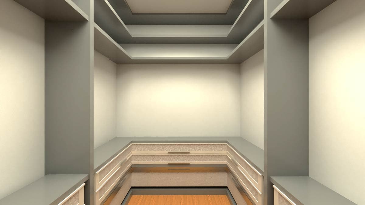 Interior rendering of a walk-in closet with U-shaped built-in cabinetry, drawers, and a stepped ceiling.