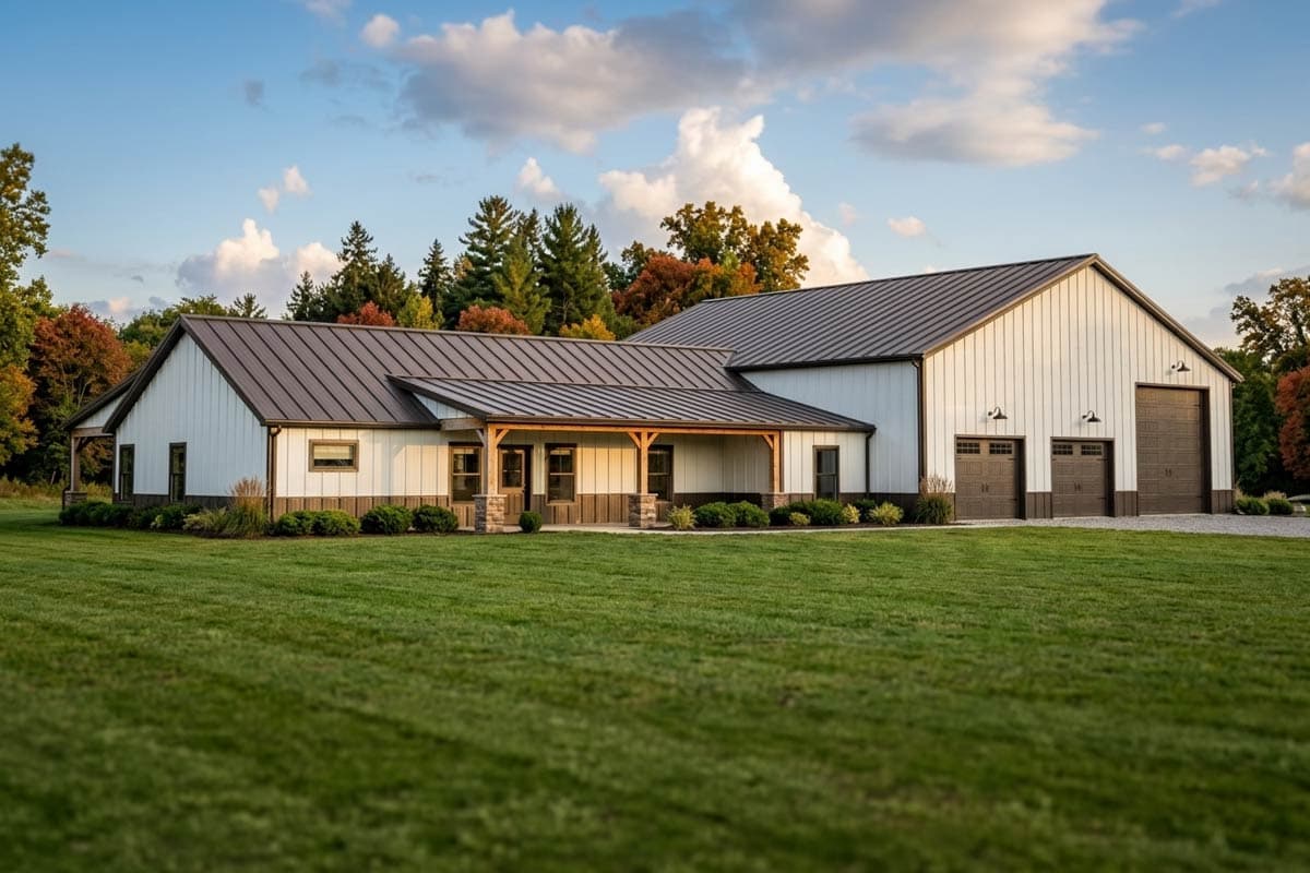 House plan exterior with board and batten siding, metal roof, and a covered porch supported by stone columns.