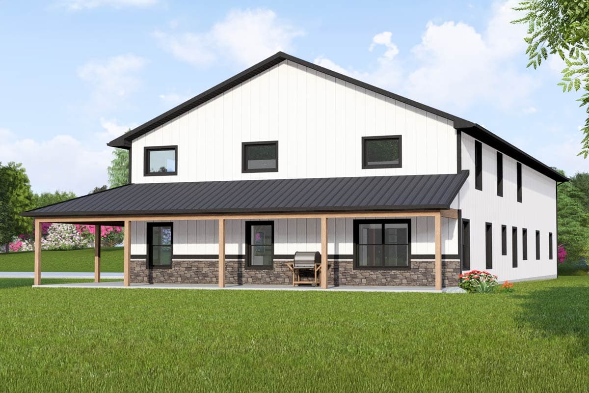 Two-story Modern Farmhouse house plan exterior with a wrap-around porch, standing seam metal roof, and stone accents.