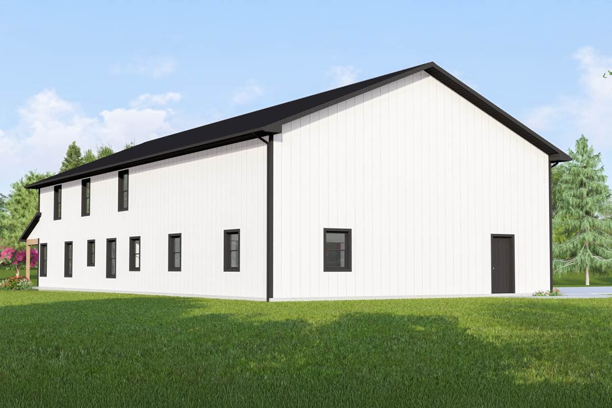 House plan exterior: two-story modern design with white vertical siding, black-framed windows, and a dark gabled roof.