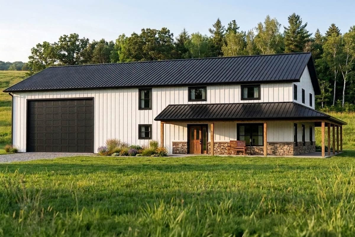 House plan exterior. Two-story Modern Farmhouse with a gabled roof, covered porch, and attached garage. Exterior features vertical siding.
