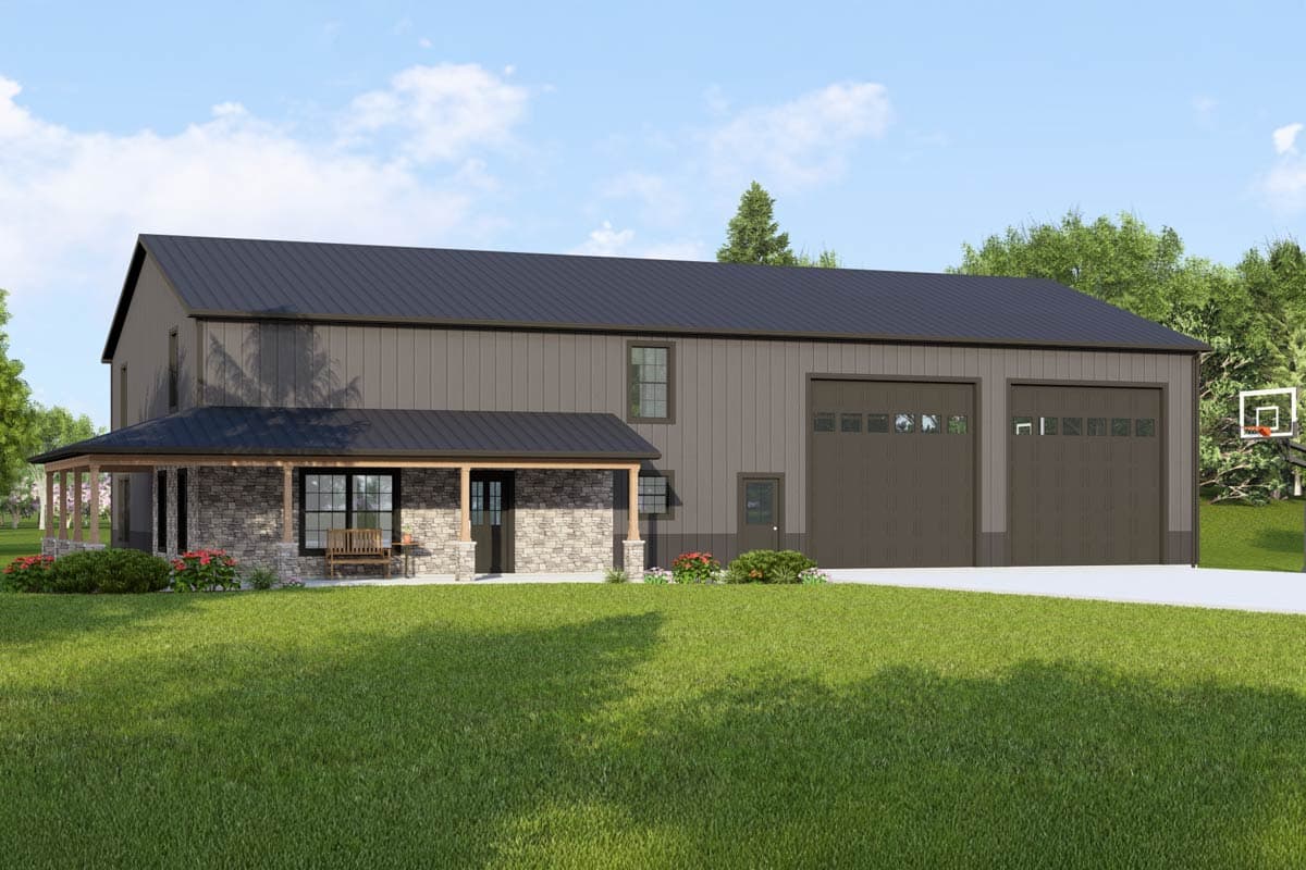 House plan exterior with two-story structure, a porch with stone accents, a metal roof, and attached garage. Two garage doors are visible.