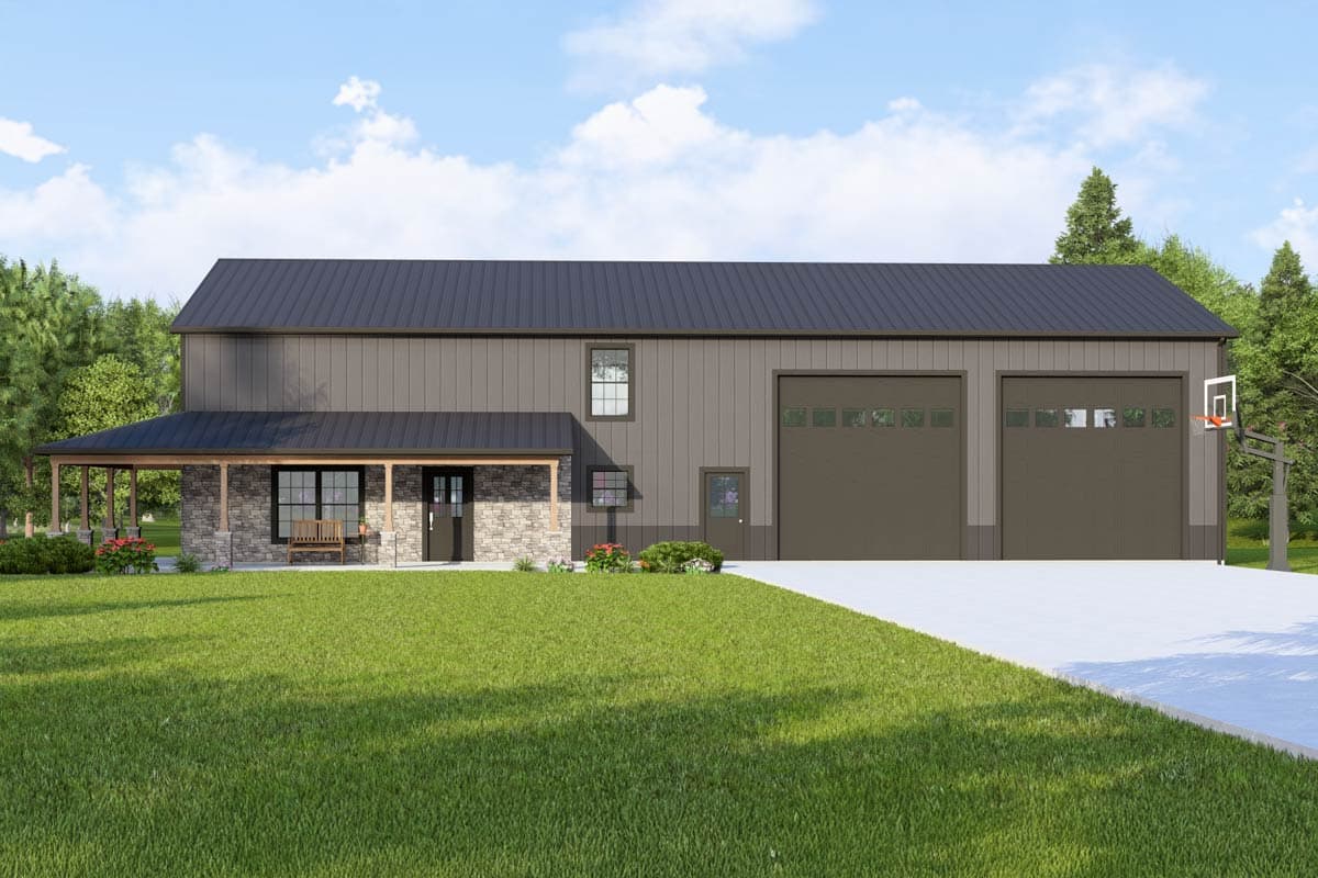 House plan exterior with covered stone porch, two large garage doors, and a metal roof.