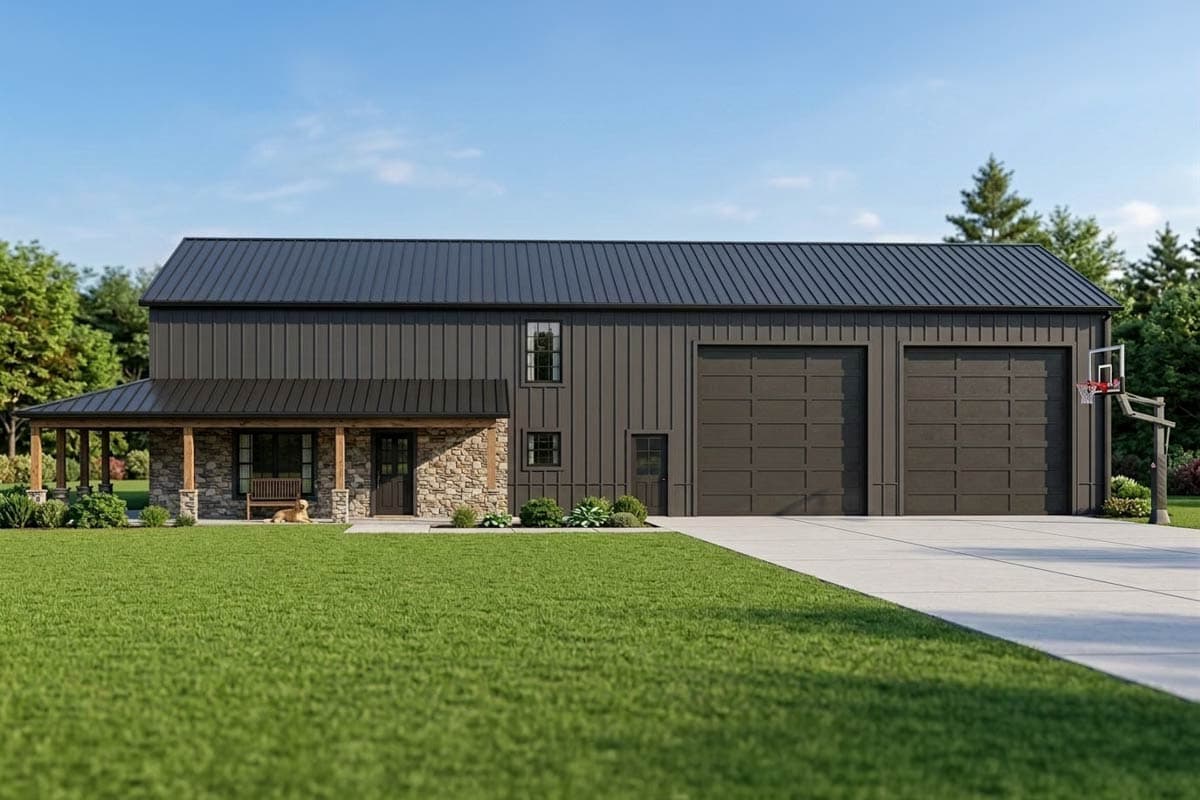 House plan exterior with two-story structure, a porch with stone accents, a metal roof, and attached garage. Two garage doors are visible.