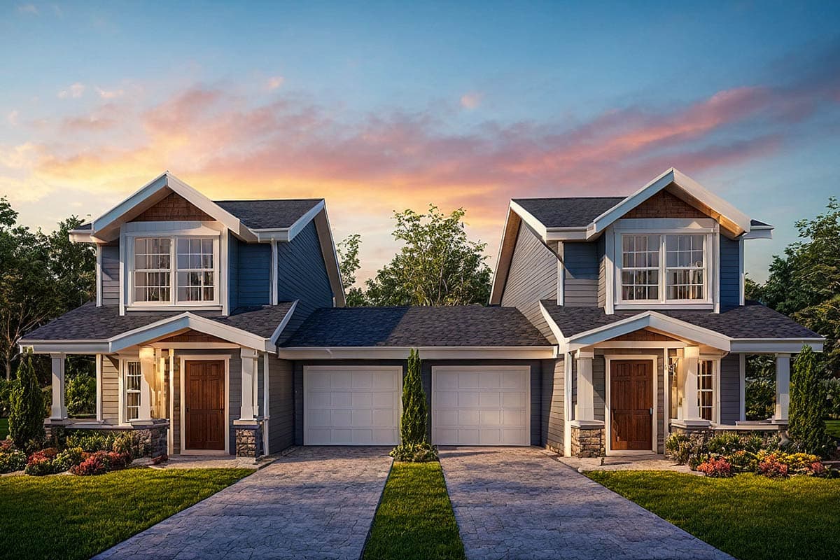 House plan exterior. Two-story Craftsman-style homes with gables, a front porch, and attached garages. Each home has multiple windows.