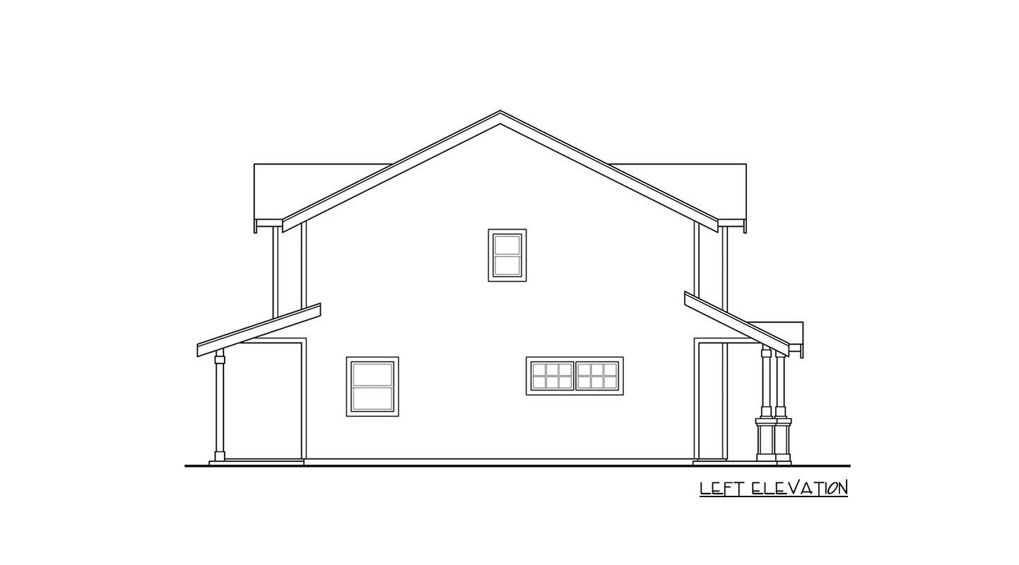 House plan left elevation drawing showing a two-story structure with a gabled roof, multiple windows, and a covered porch with columns.