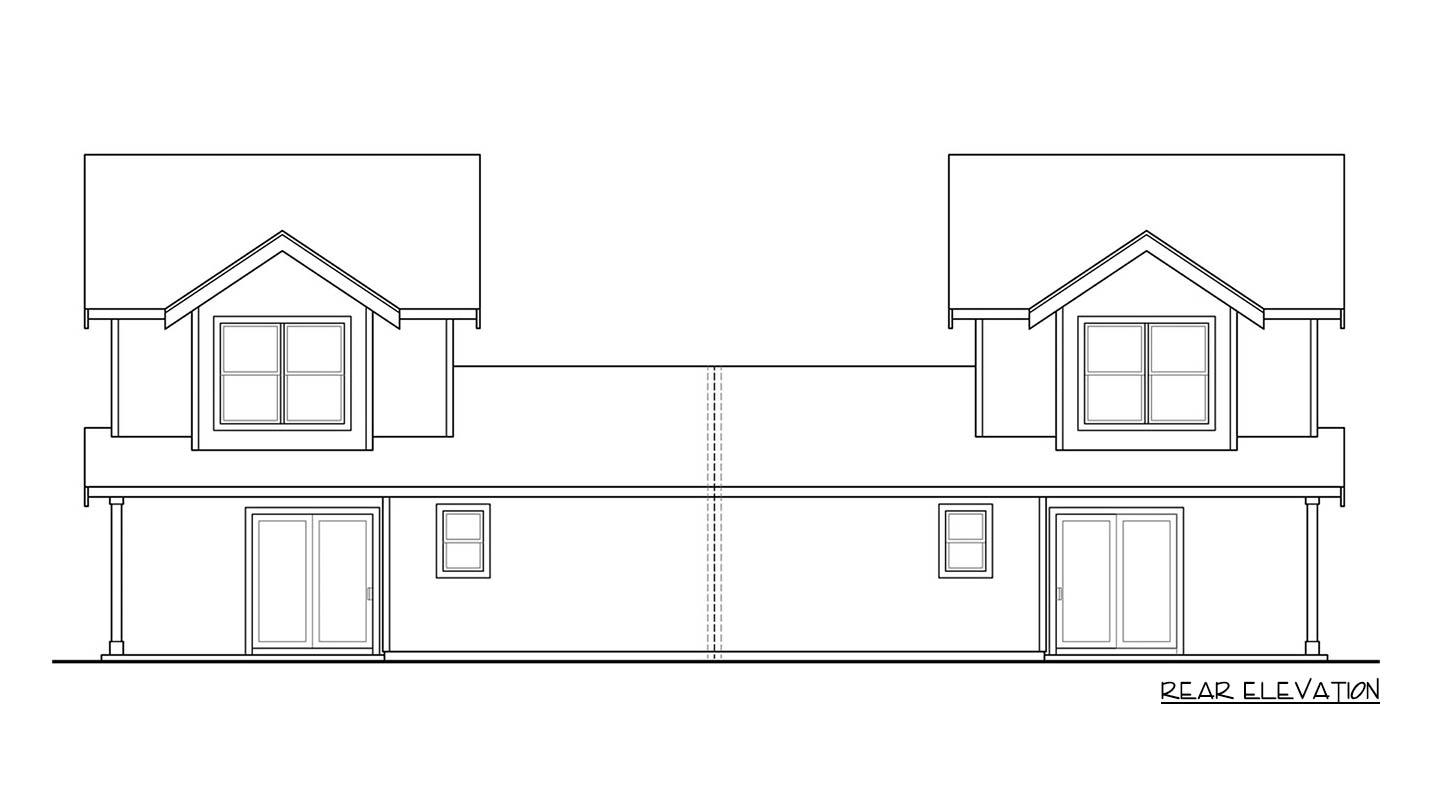 Rear elevation drawing of a two-story duplex with dormer windows and sliding glass doors.