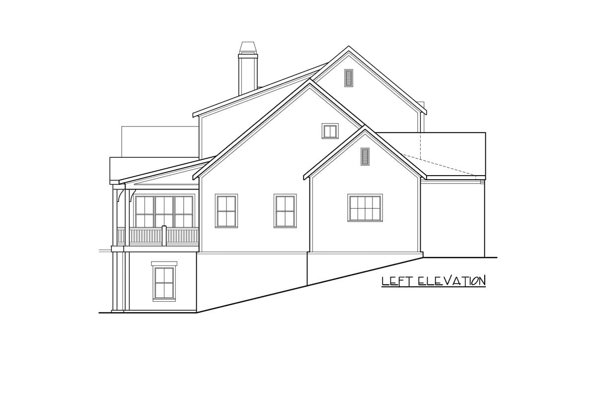 Left elevation house plan showing a two-story structure with a covered porch, multiple gables, and a chimney.