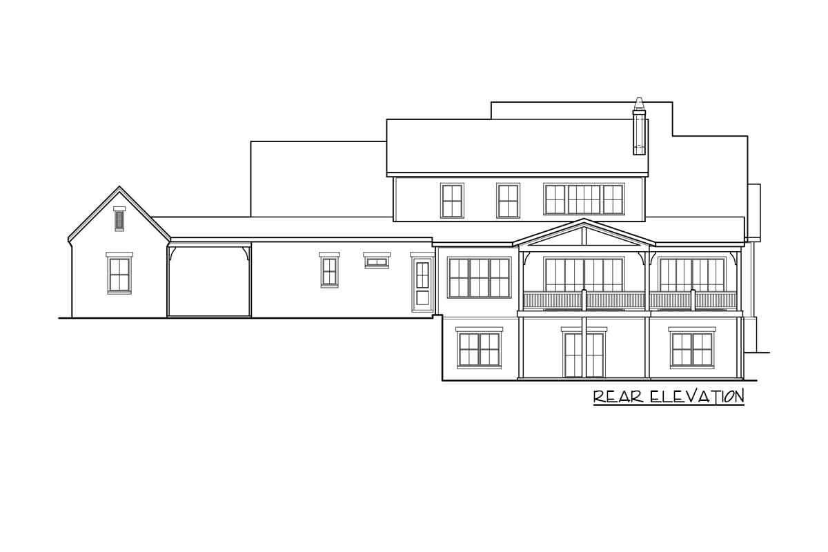 Rear elevation house plan showing a multi-story structure with a covered carport, balcony, and numerous windows.