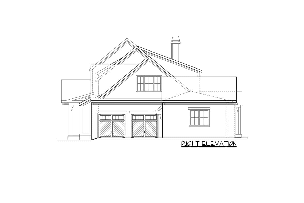 House plan right elevation showing a two-story structure with a gable roof, a dormer window, and a three-car garage.