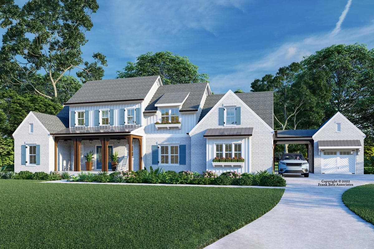 House plan exterior with two stories and a farmhouse style. Features include a front porch, gables, dormers, and an attached carport and garage.