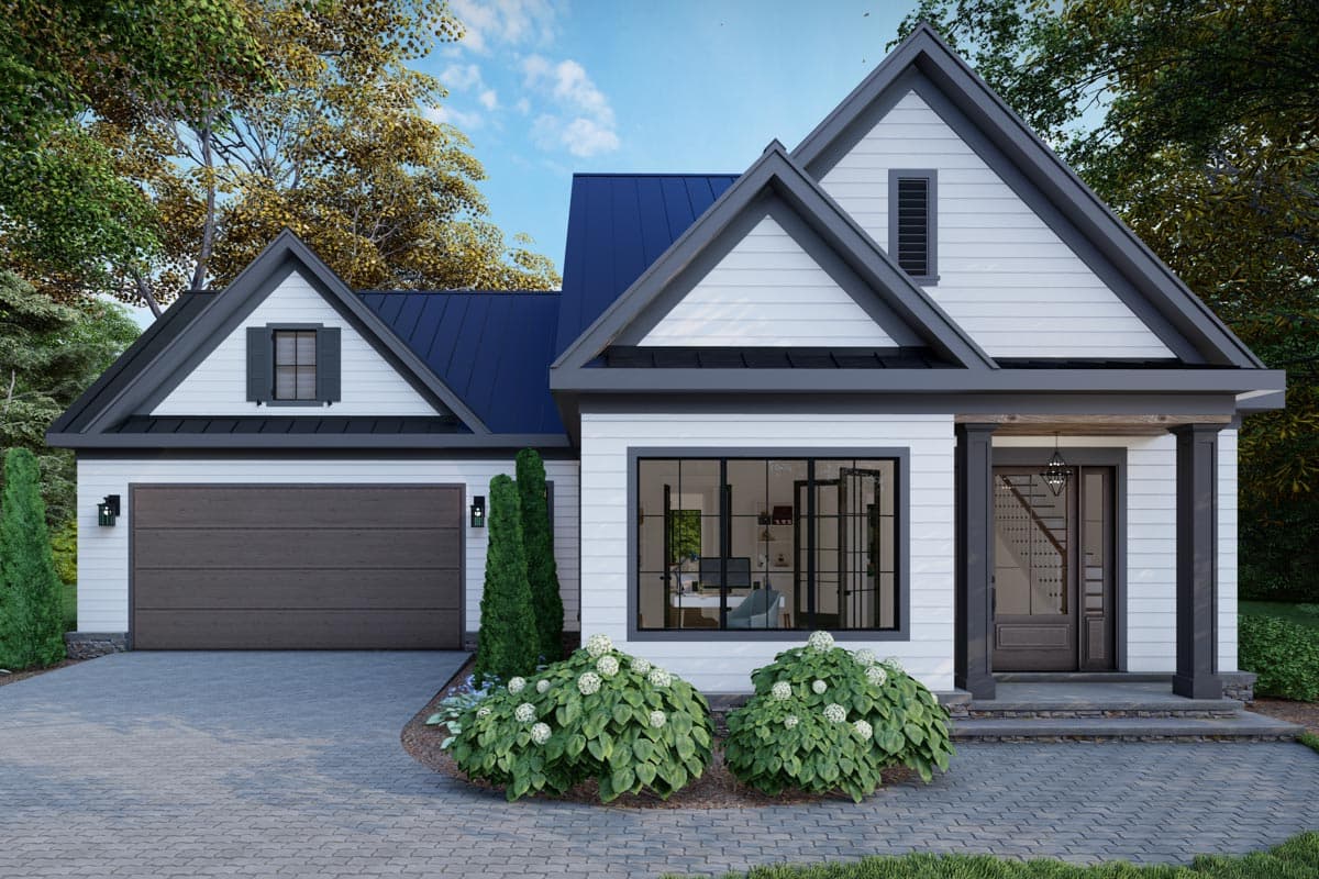 House plan exterior. Modern farmhouse style with gabled rooflines, a front porch, and an attached garage. Two stories.