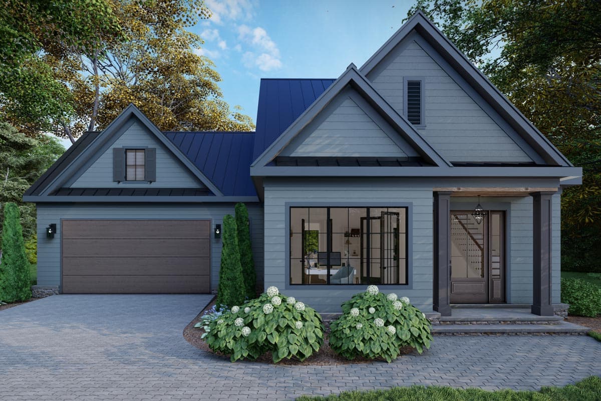 Modern Farmhouse house plan exterior with gabled rooflines, side garage, covered porch, and large windows.