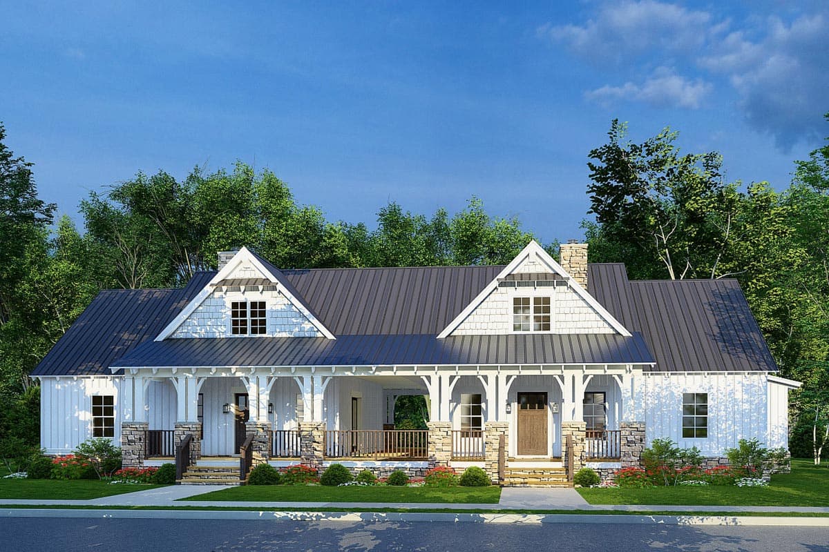 House plan exterior. Modern farmhouse style with 1 story, front porch, gabled dormers, stone accents, and metal roof.