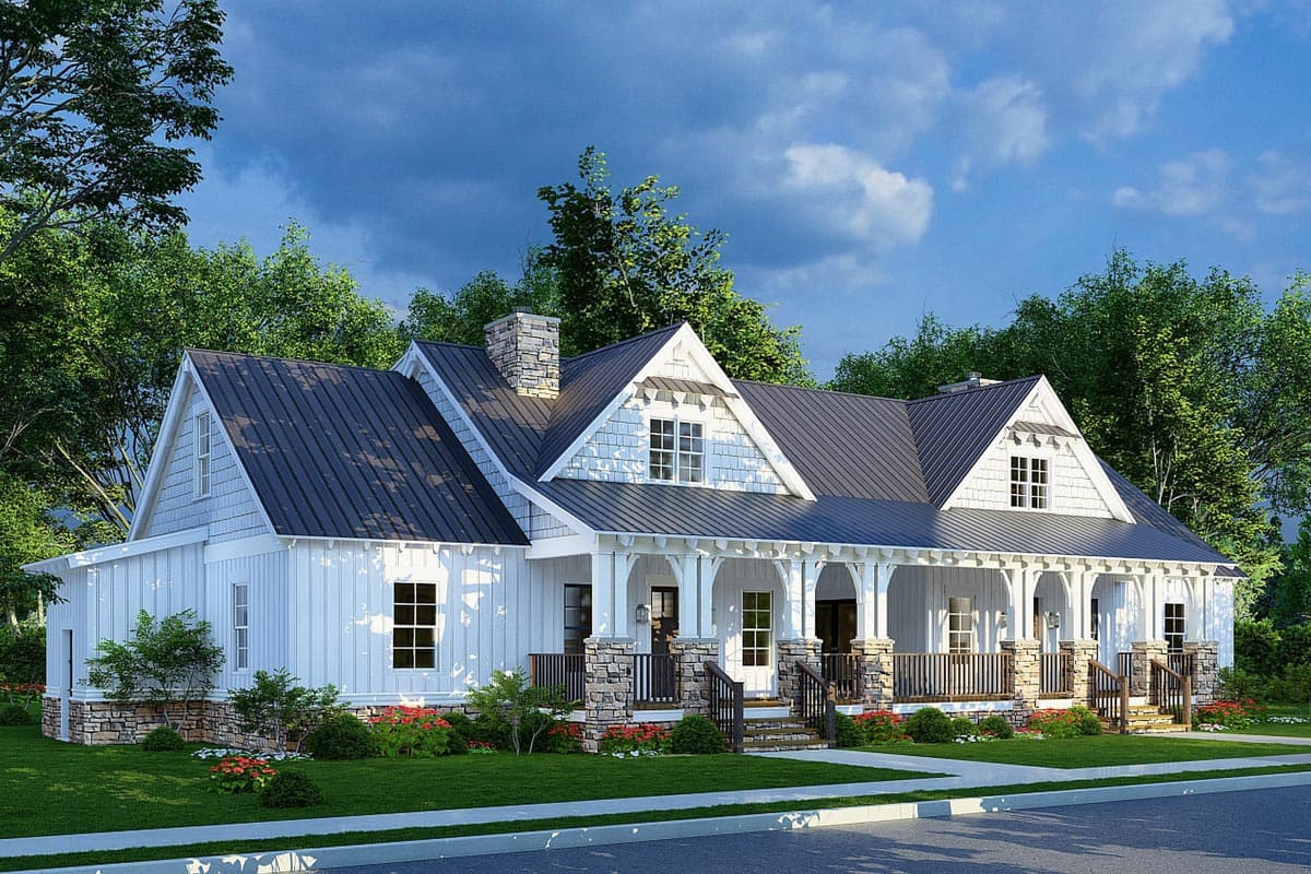 Modern Farmhouse house plan exterior with full-length porch, gables, and stone accents.