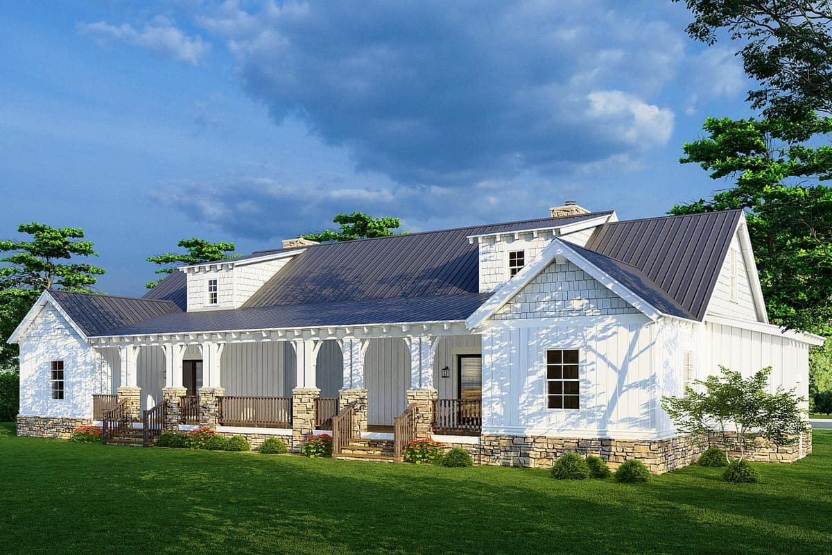 Modern Farmhouse house plan exterior with wrap-around porch, dormers, metal roof, and stone accents.