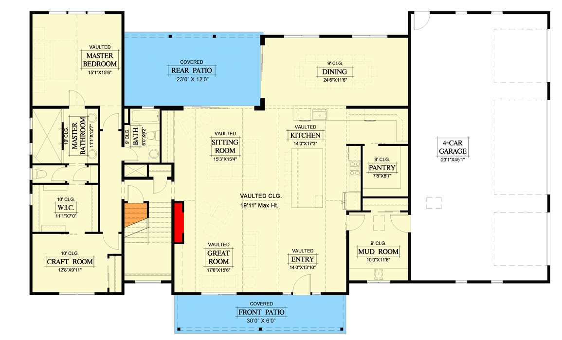 Plan 365017PED: 5-Bed Modern Farmhouse Plan with Vaulted Living Spaces - Floor Plan - Main Level - Farmhouse, Modern Farmhouse, New American