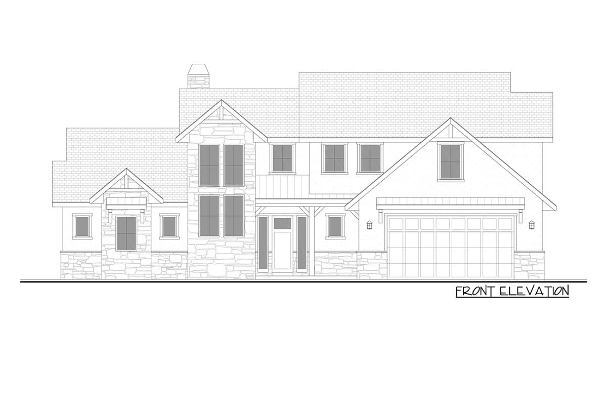Front elevation of a two-story house plan with stone accents, prominent gables, covered entry, and attached multi-car garage.