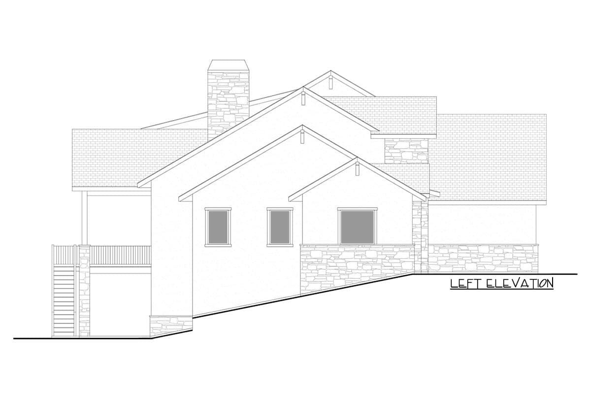 Left elevation house plan showing a multi-level roofline, stone chimney, and partial stone exterior.