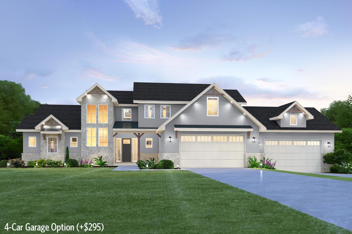 House plan exterior: Modern Farmhouse style, two stories, stone accents, multiple gables, and a 3-car garage.