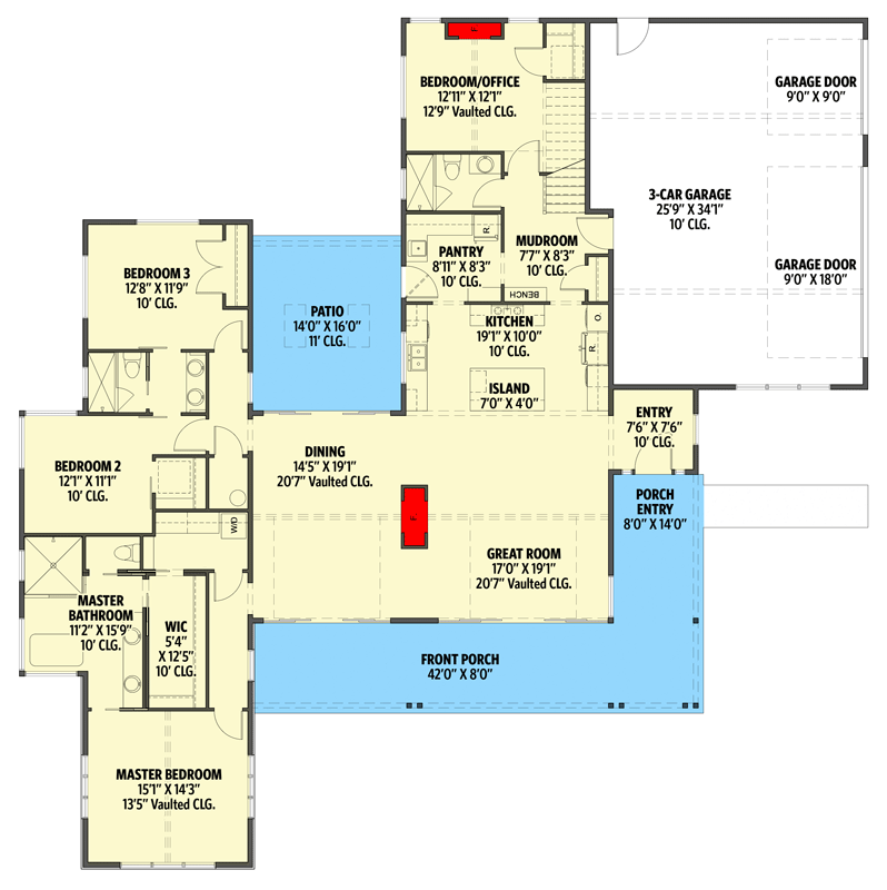 Plan 365020PED: New American House Plan with Smart Layout and Bonus Expansion - 2574 Sq Ft  - Floor Plan - Main Level - Contemporary, Mountain, New American, Prairie, Ranch