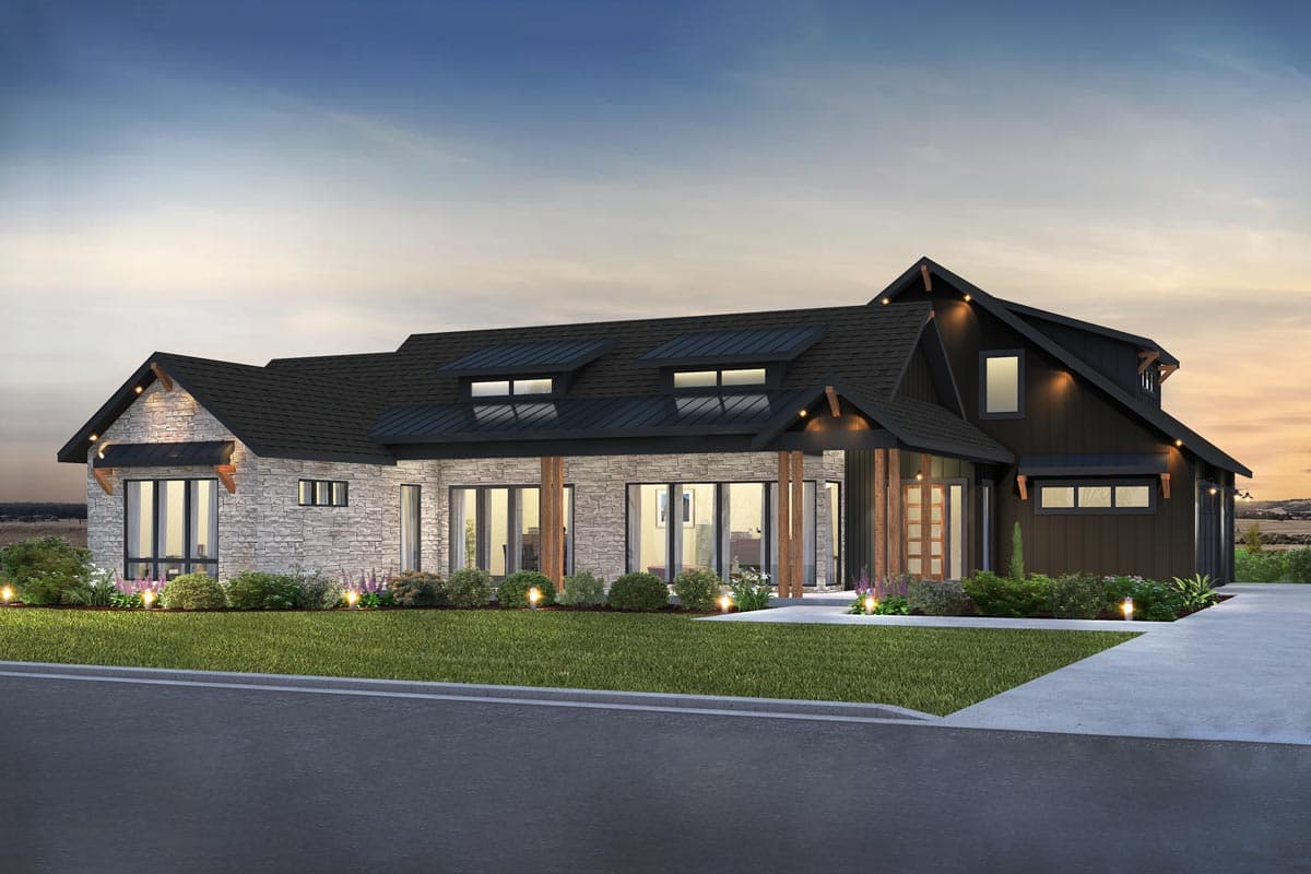 House plan exterior. Modern Farmhouse style with two stories, a covered porch, gabled roof, and dormers. Features stone and dark wood siding.