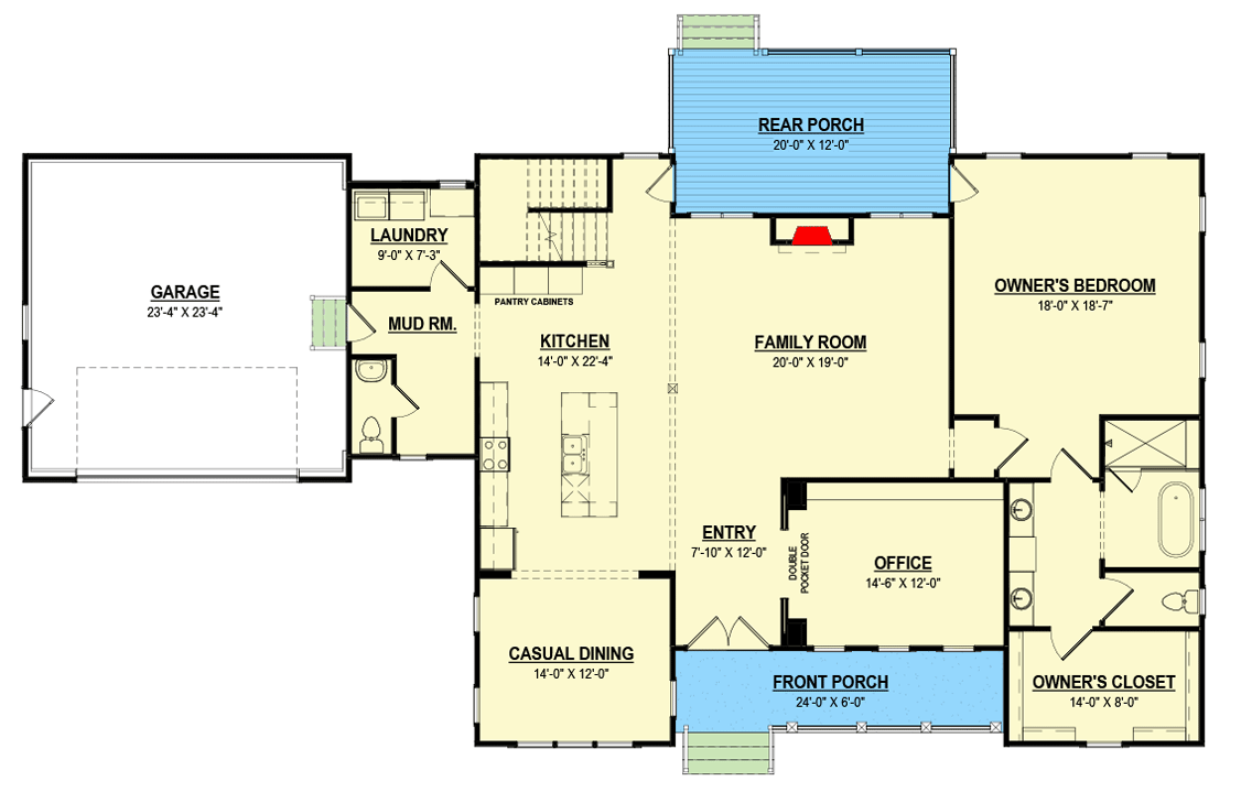 Plan 83618CRW: 5-Bed Modern Farmhouse House Plan with Home Office - 3653 Sq Ft - Floor Plan - Main Level - Country, Modern Farmhouse, New American, Traditional
