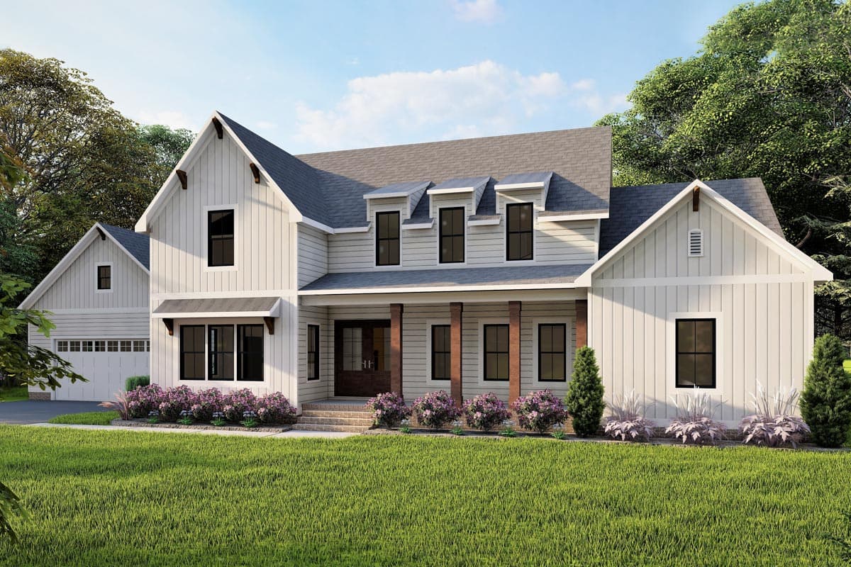 Modern Farmhouse house plan exterior with gables, dormers, covered porch with wood columns, and attached garage.